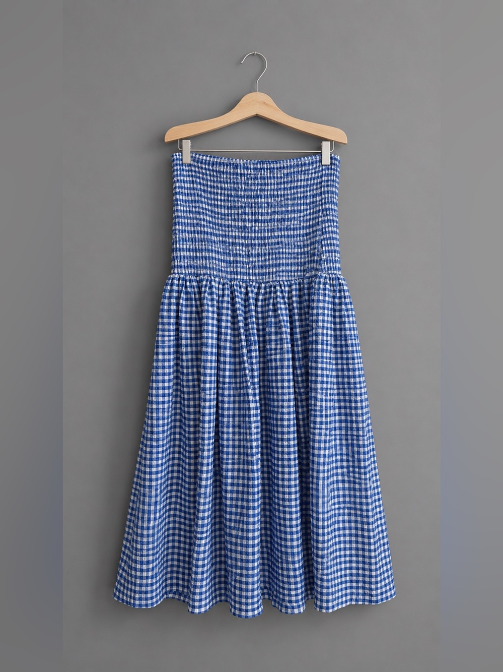 Anthropologie Maeve Blue Gingham Strapless Midi Dress - Picture 5 of 8